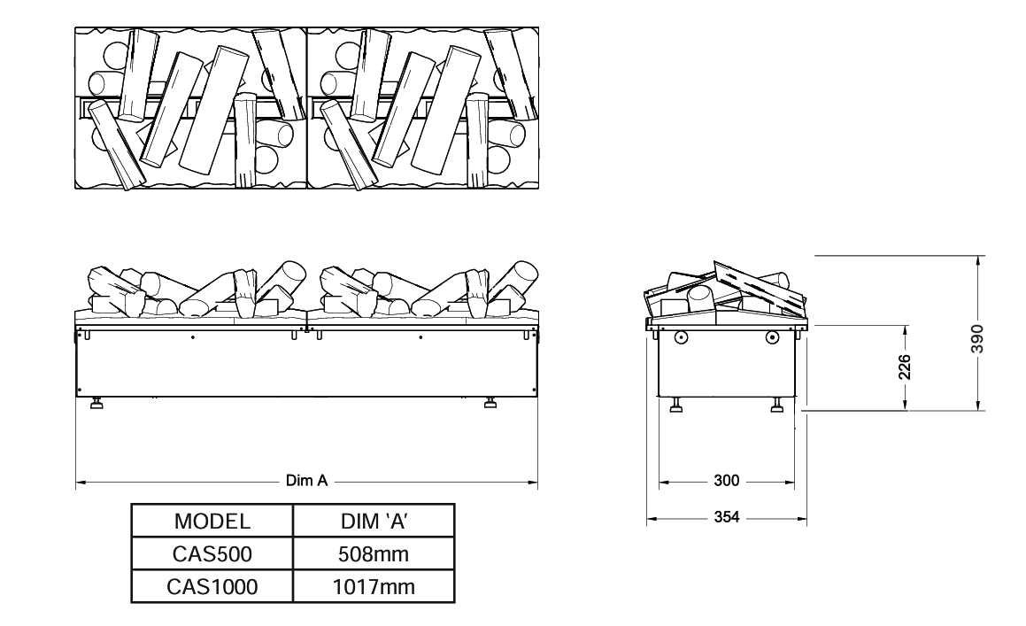 Размеры 3D электрокамина Dimplex Cassette 1000 R SS CAS1000RSS Opti-Myst