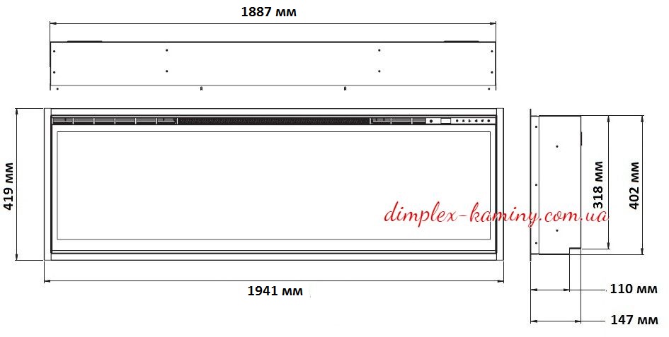 Размеры электрокамина Dimplex Ignite XLF74