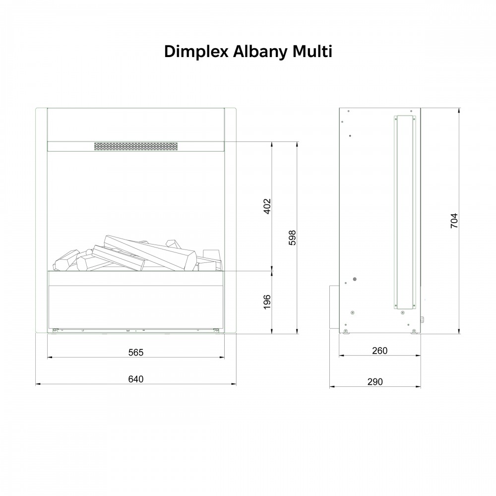 Розміри вбудованого електрокаміна Dimplex Opti-myst Albany Multicolour